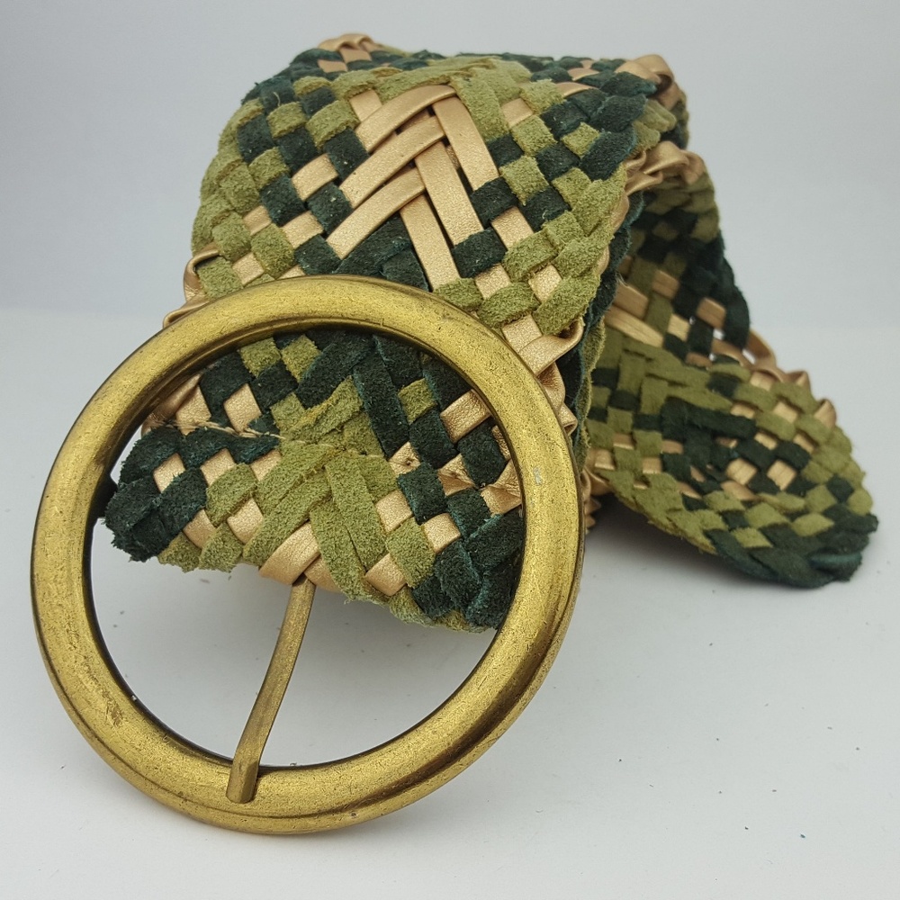 Green & Gold Suede Leather Braided Woven Belt